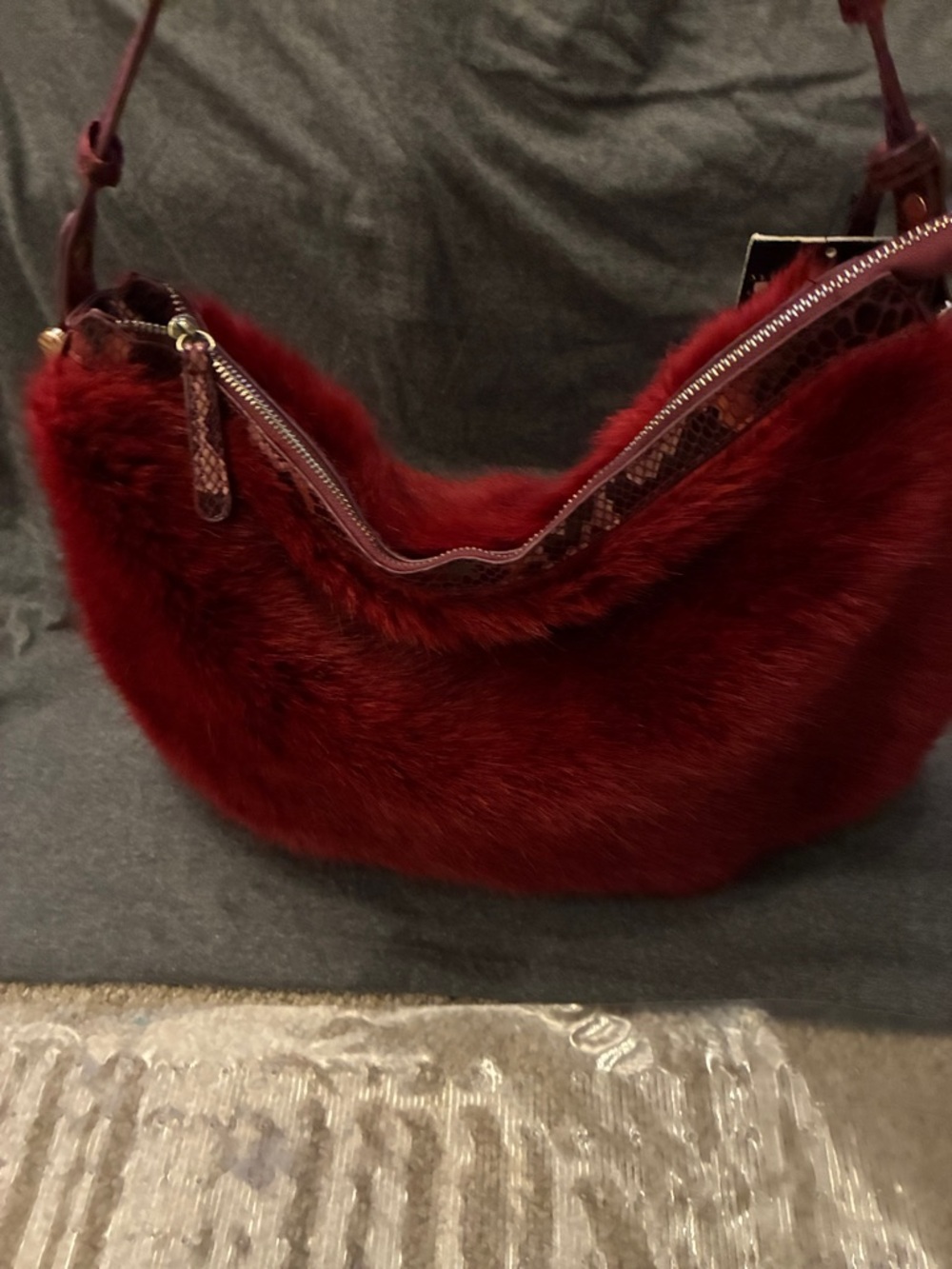 Faux Fur Shoulder Bag in Burgundy - Picture 4 of 6